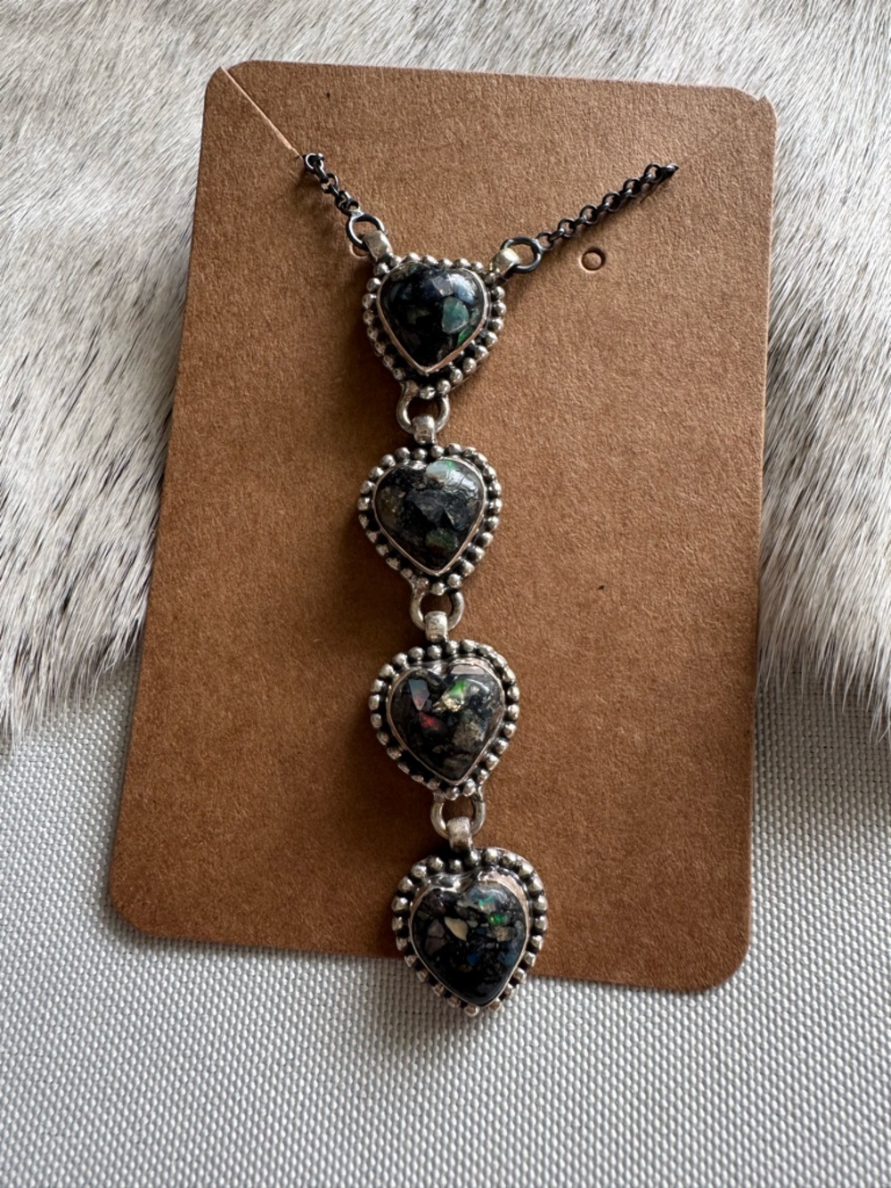 Sterling Silver Heart Necklace Black Opal Stones